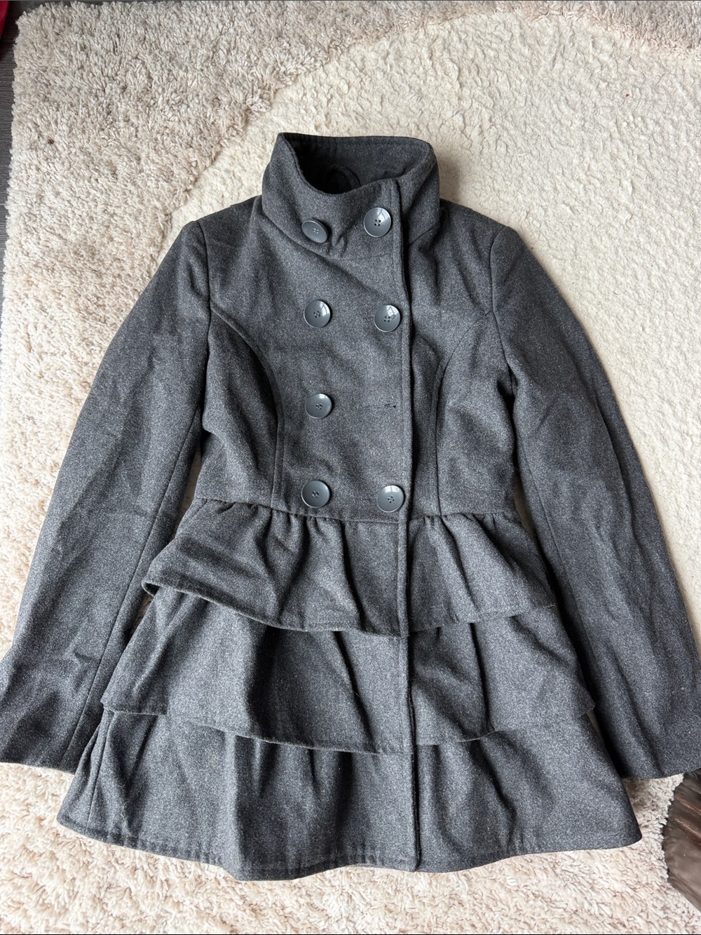 2B Bebe Dark Gray Double-Breasted Tiered Pea Coat